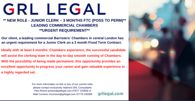 GRLLegal's tweet image. ** NEW and Exclusive to GRL **
JUNIOR CLERK – 3 MONTHS FIXED TERM CONTRACT (POSS TO PERM)
LEADING COMMERCIAL CHAMBERS
**URGENT REQUIREMENT**
#grlrecruits #chambersroles #adminroles