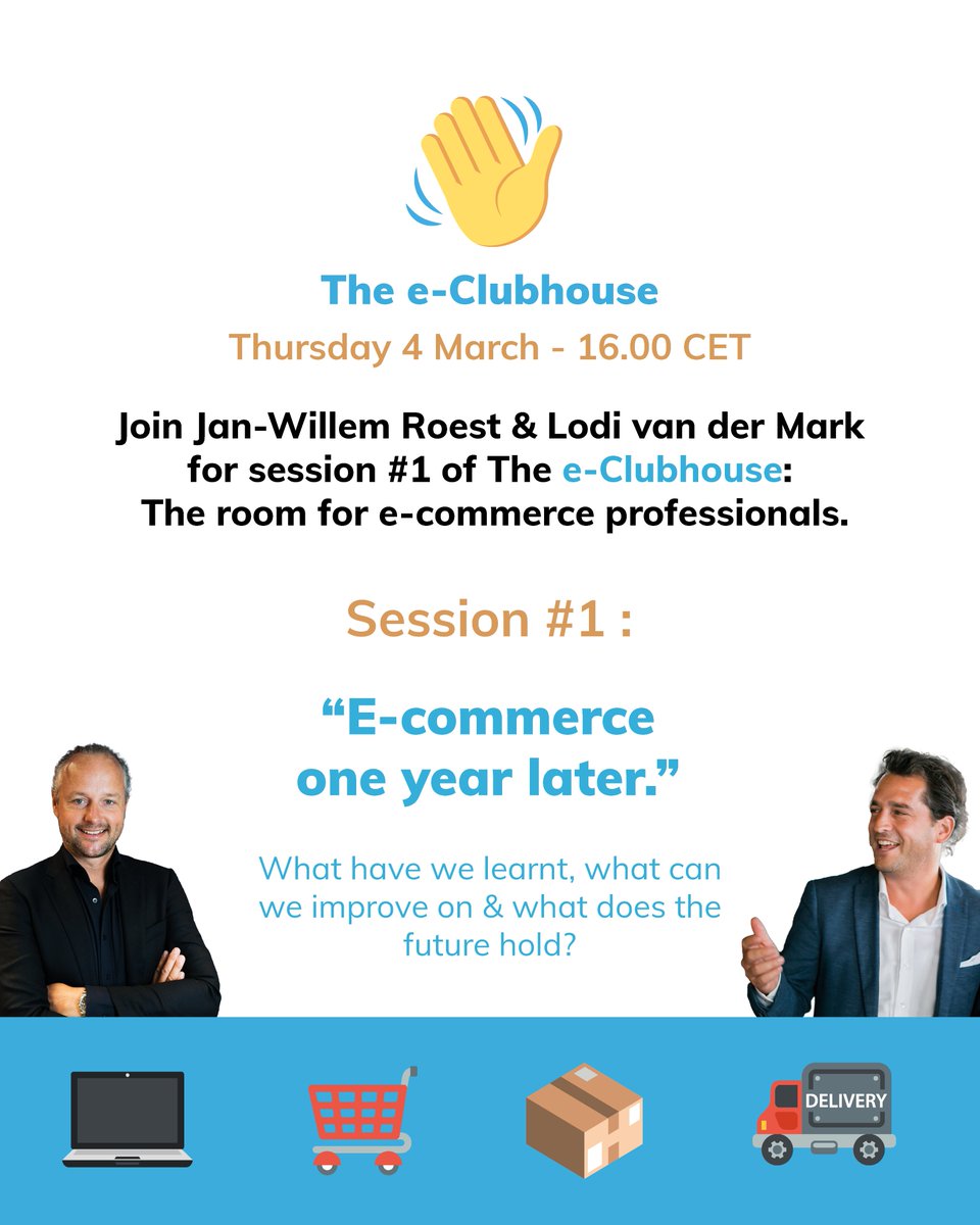 Paazl's tweet photo. Join Jan-Willem Roest, @LodivdMark &amp; @JustinReidRoss  today for the first session of the "e-Clubhouse"! The @joinClubhouse room for e-commerce professionals. 

They will be live from 4pm- don't miss it!

#clubhouse @ecommerce https://t.co/ehgoSMxJEN