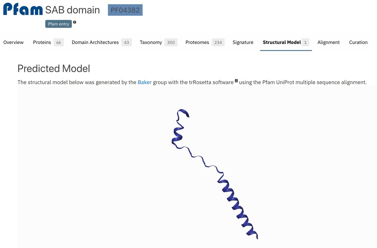 PfamDB's tweet image. The SAB domain pfam.xfam.org/family/PF04382 doesn't really look like a domain at all. Removing its Type=Domain #structureprediction #bakermodels