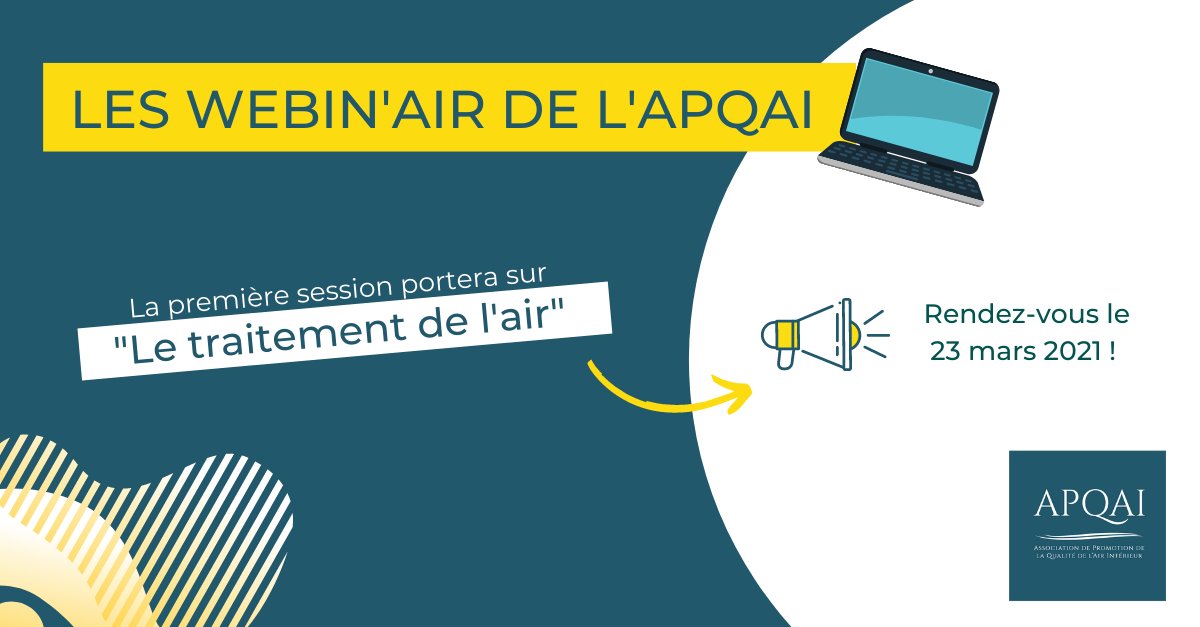 SAVE THE DATE : Webin'air 2021 - N°1

Nous vous invitons le 23/03/2021 de 11h00 à 12h30 pour le 1er #WEBINAIR de l'année !

Au programme : "Le traitement de l'air"

On vous attend nombreux ! 

#air #qai #batiment #ventilation #purification #innovation #santé #environnement