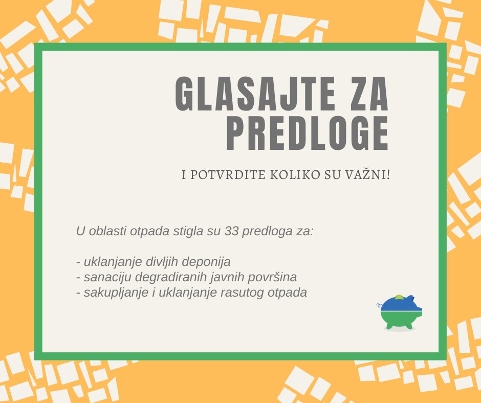 Pozivamo vas da glasate za predloge Novosađana i Novosađanki:
- za uklanjanje divljih deponija:
forms.gle/7m8pdx2bnc1tJY…
- za sanaciju degradiranih javnih površina:
forms.gle/Y1Jmzb5C9asYHi…
- za sakupljanje i uklanjanje rasutog otpada:
forms.gle/TGvQMDm74eG3si…

#građaniimajumoć
