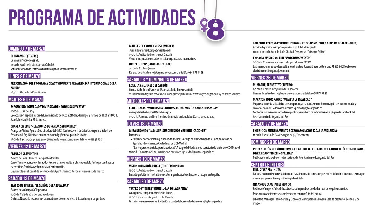 Arganda_Ayto's tweet image. Del 7 al 28 de marzo, el Ayuntamiento de #Arganda del Rey, junto al Consejo de la Mujer y entidades y asociaciones de la localidad, ha preparado una serie de actividades, muchas de ellas en formato online, para conmemorar el #DiaInternacionalDeLaMujer  
cutt.ly/Vl7YVY5