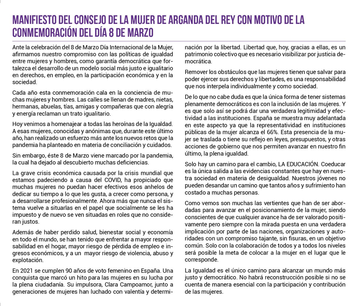 Arganda_Ayto's tweet image. Del 7 al 28 de marzo, el Ayuntamiento de #Arganda del Rey, junto al Consejo de la Mujer y entidades y asociaciones de la localidad, ha preparado una serie de actividades, muchas de ellas en formato online, para conmemorar el #DiaInternacionalDeLaMujer  
cutt.ly/Vl7YVY5