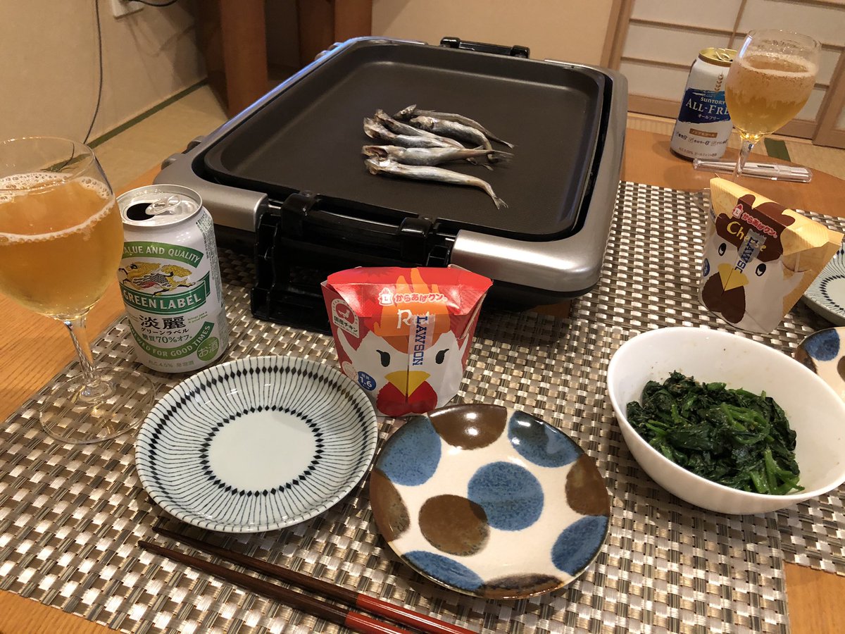 ちさぽん 今日は 瓦そば 唐揚げくん ほうれん草お浸し ししゃも 料理好きさんと繋がりたい 晩酌 家飲み 料理 瓦そば 宅飲み ビール ワイン 晩御飯 献立