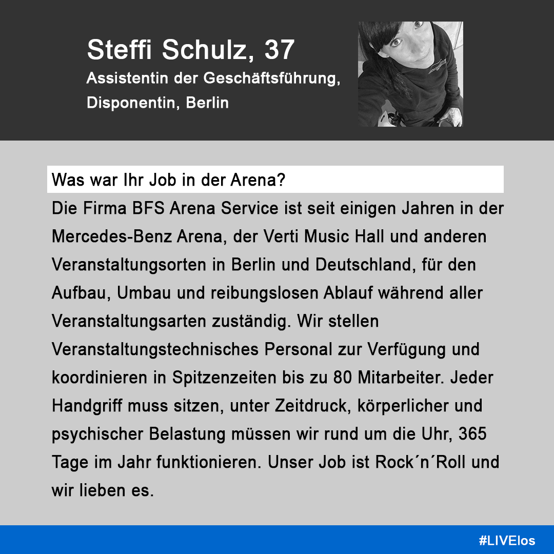 BarclaysArena's tweet photo. Am 08.03.2020 gab es das letzte Konzert in der Arena. Seitdem sind wir #LIVElos.
Was bedeutet das für Menschen, die rund um die Events arbeiten? Gemeinsam mit @MBArenaBerlin, @mercedesplatz & @VertiMusicHall haben wir Kollegen & Mitarbeiter gefragt. Heute: Steffi aus Berlin 👇 https://t.co/raGya8u1tN