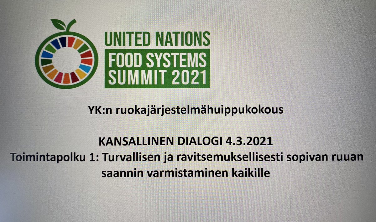 YK järjestää syyskuussa #ruokajärjestelmä’huipparin. Tänään ilahdutti keskusteluissa useasti todettu Suomen erityinen vahvuus: keskinäinen luottamus, yhteistyövalmius, hyvä keskusteluyhteys elintarvikealan toimijoiden ja viranomaisten kesken💪#FoodSystemsSummit