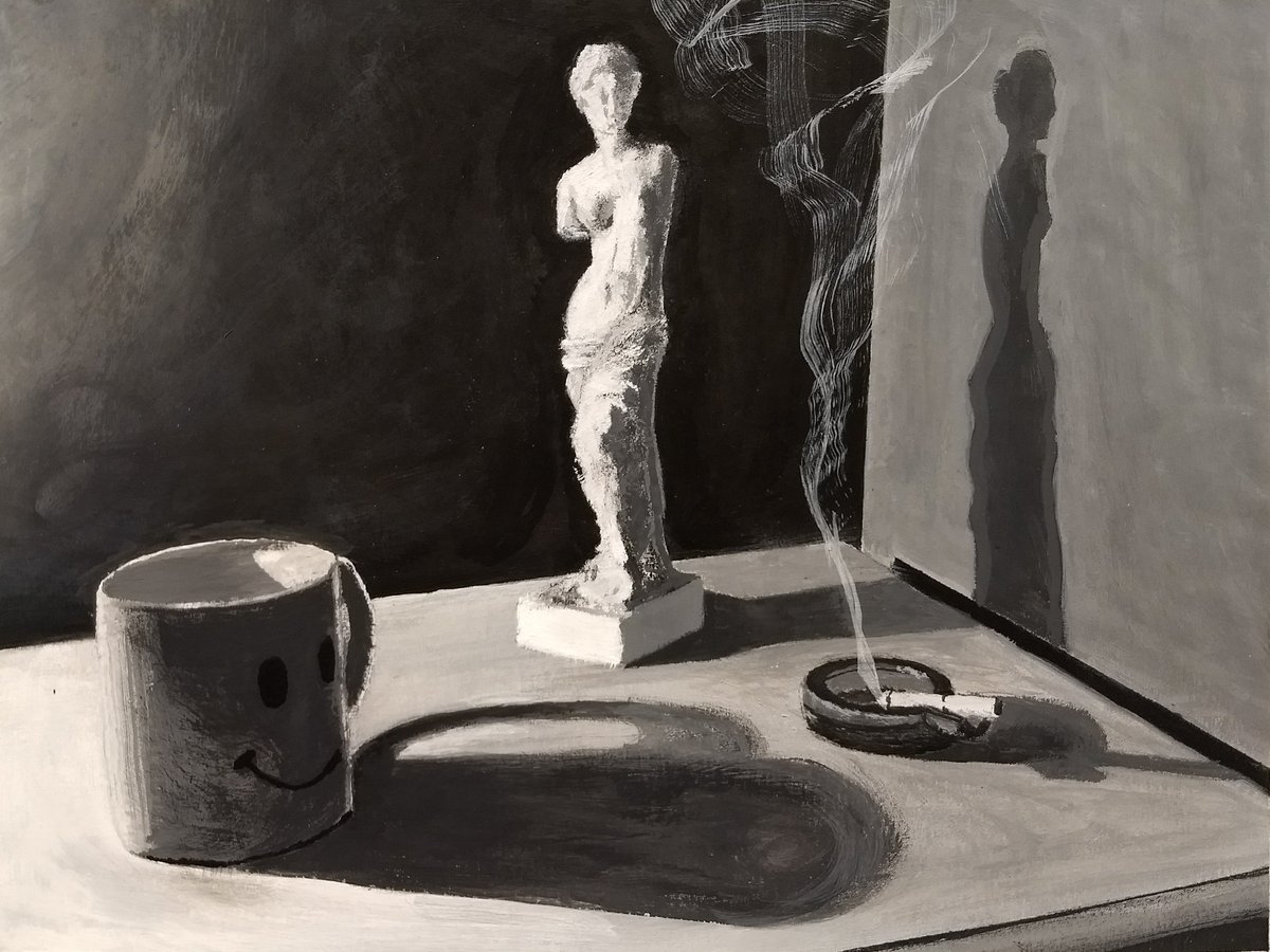 Ryan_Silva_'s tweet photo. B&amp;W still life painting, gouache on bristol, 6x8"

#art https://t.co/7hgHsLVNCm