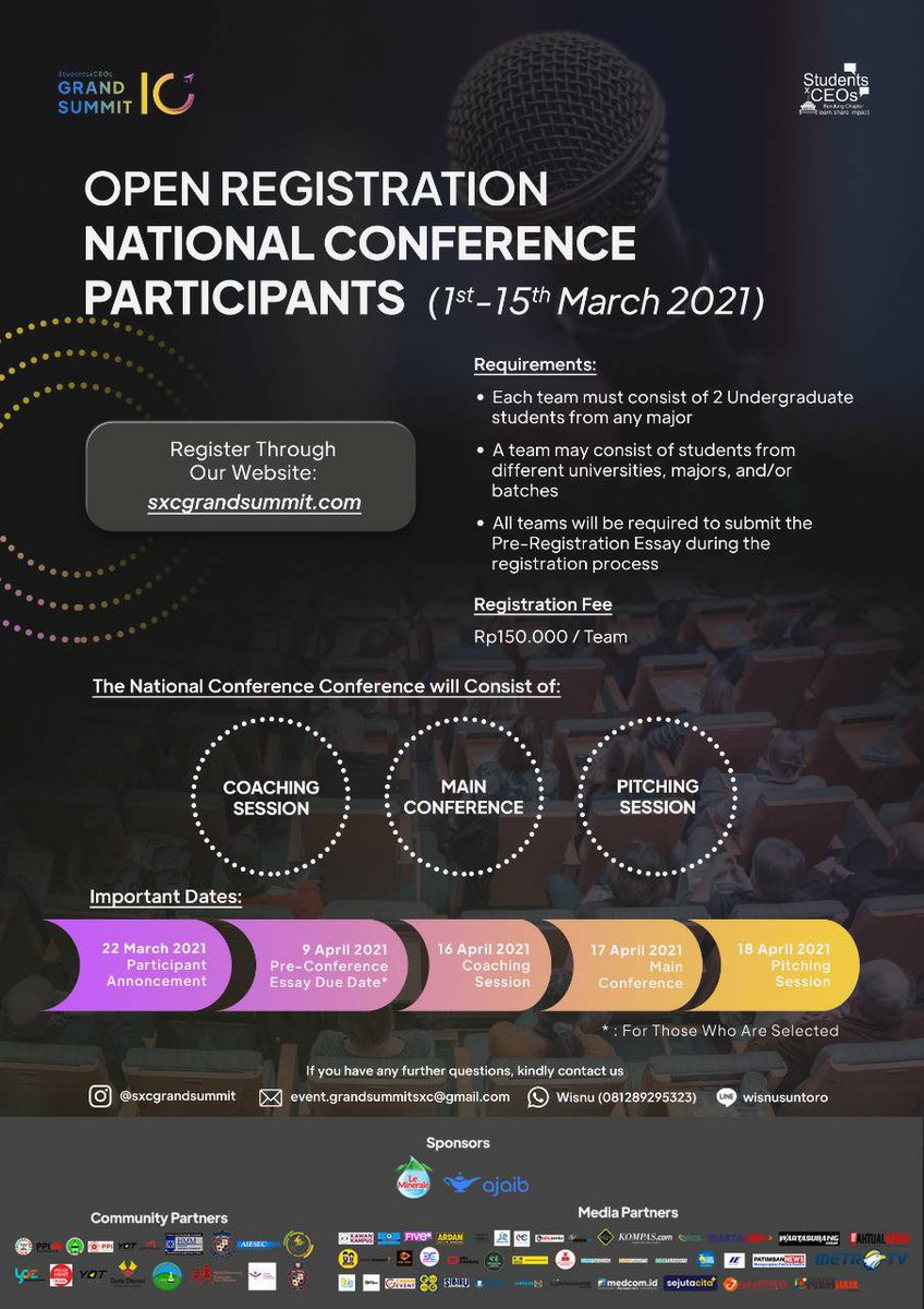 The long awaited National Conference is finally here! This event provides you the benefit to unleash your potential to give real solutions and great impacts under the SDG guidelines.

Register yourself via our website sxcgrandsummit.com
 
#StudentsxCEOs
#10thGrandSummit