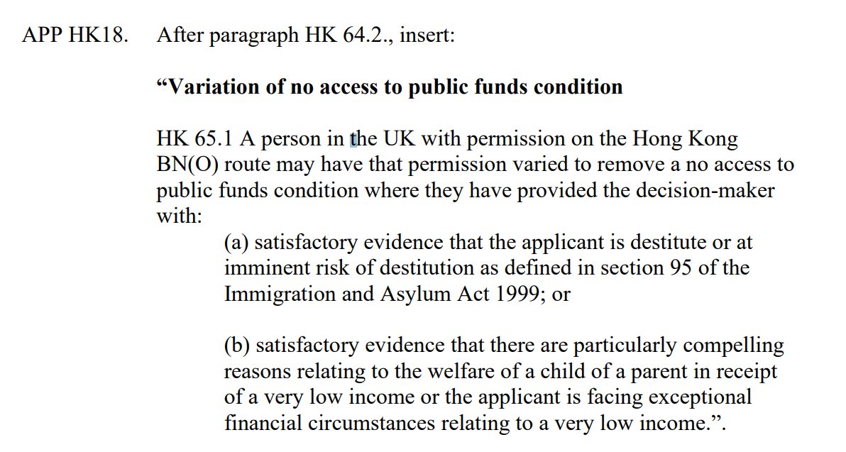 hongkongarc's tweet photo. 🚨Change to immigration rules:

A person on the BNO route may be granted access to public funds if there is satisfactory evidence that the applicant is destitute or if there are particularly compelling reasons relating to the welfare of a child of a parent with a very low income. https://t.co/E2R5lbAAlz