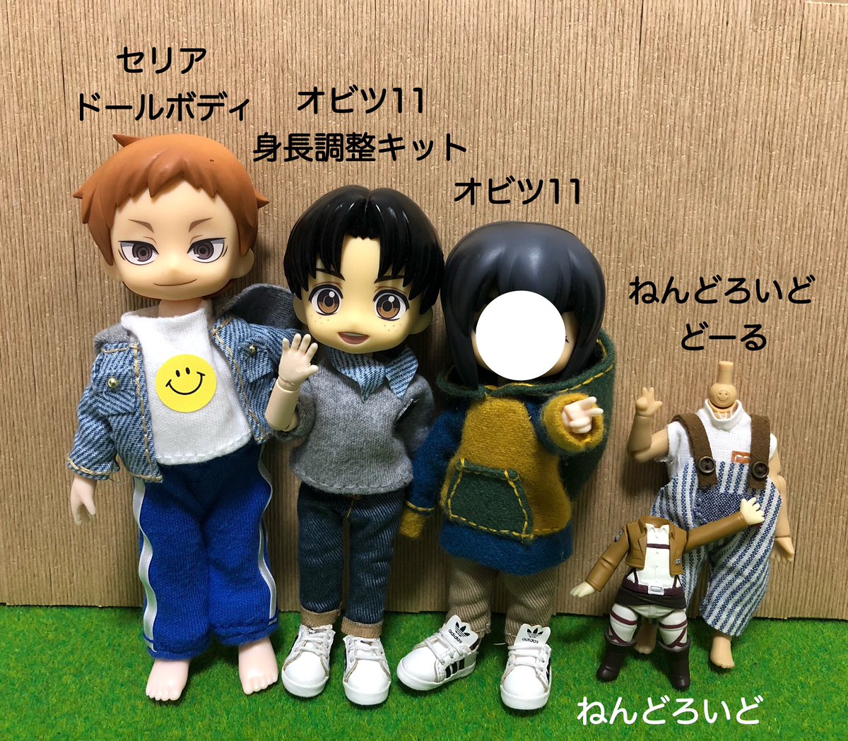 セリアのドールボディお試しついでに家にあるボディを並べてみたよ