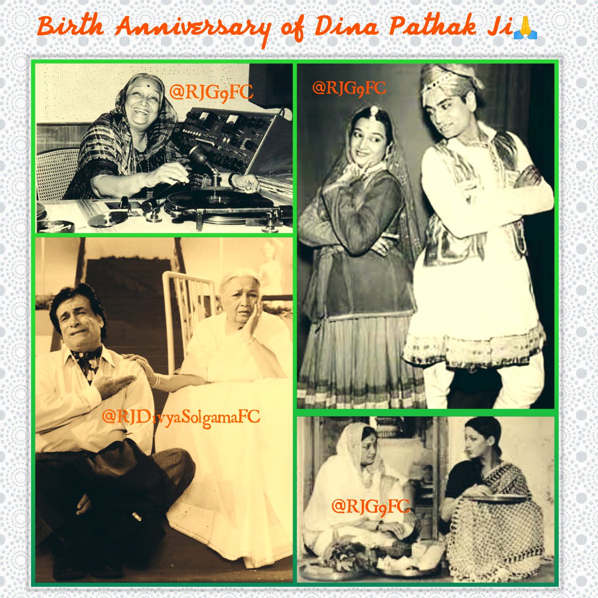 Remembering #DinaPathak Ji on her #BirthAnniverssary.. 🙏

#Mausam
#GolMaal
#MirchMasala
#Khubsoorat
#Chitchor
#UmraoJaan
#Aankhen
#Devdas
#Pinjar

Tribute from ~ #TeamG9, 
the genuine followers of 
#RJ #G9 @DIVYASOLGAMA Sir