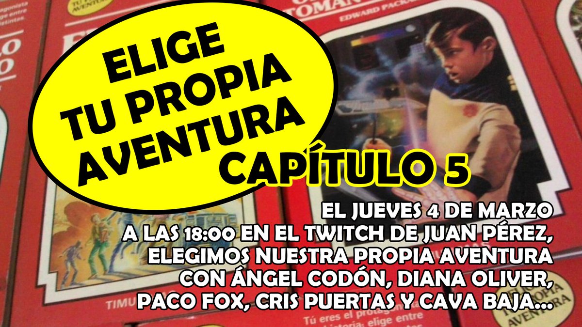 Volvemos otra semana más con otro directo de #eligetupropiaaventura en twitch.tv/secuencia11 a las 18:00 en el que estaremos liándola <a href="/Secuencia11/">Juan Pérez de la Torre / Secuencia11</a> <a href="/AngelCodonRamos/">Ángel Codón Ramos</a> <a href="/Dianne_OMFG/">Di</a> <a href="/pacofox/">Paco Fox</a> <a href="/CrisPuertas/">Cris Puertas</a> y de invitada la gran <a href="/CavaBaja/">CavaBaja</a> . Hoy volvemos con #RLStine y su Pesadillas.