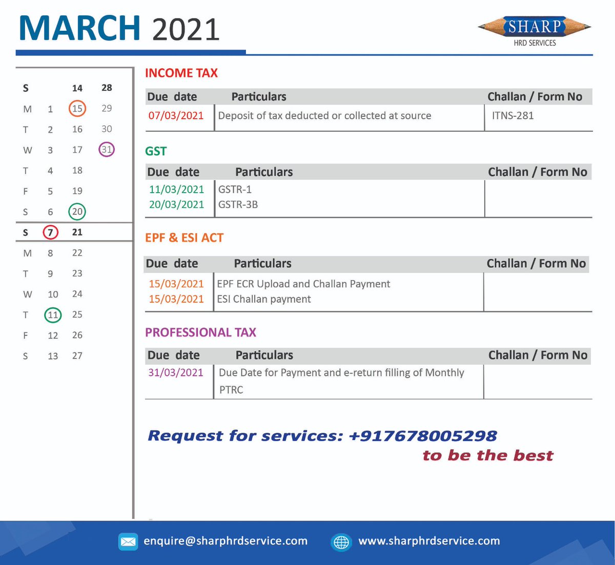 SharpGroup1's tweet photo. #MarchMonth #ComplianceCalender | #SharpHRDServices ensure you to avail #GSTInputCredit from our #staffing #services.
#commentbelow we provide you monthly compliance calendars #free
#Call: +91 7678 00 5298
#Emailus: enquire@sharphrdservice.com
#compliancemanagement #complianceris https://t.co/ASO7ovKhJ1