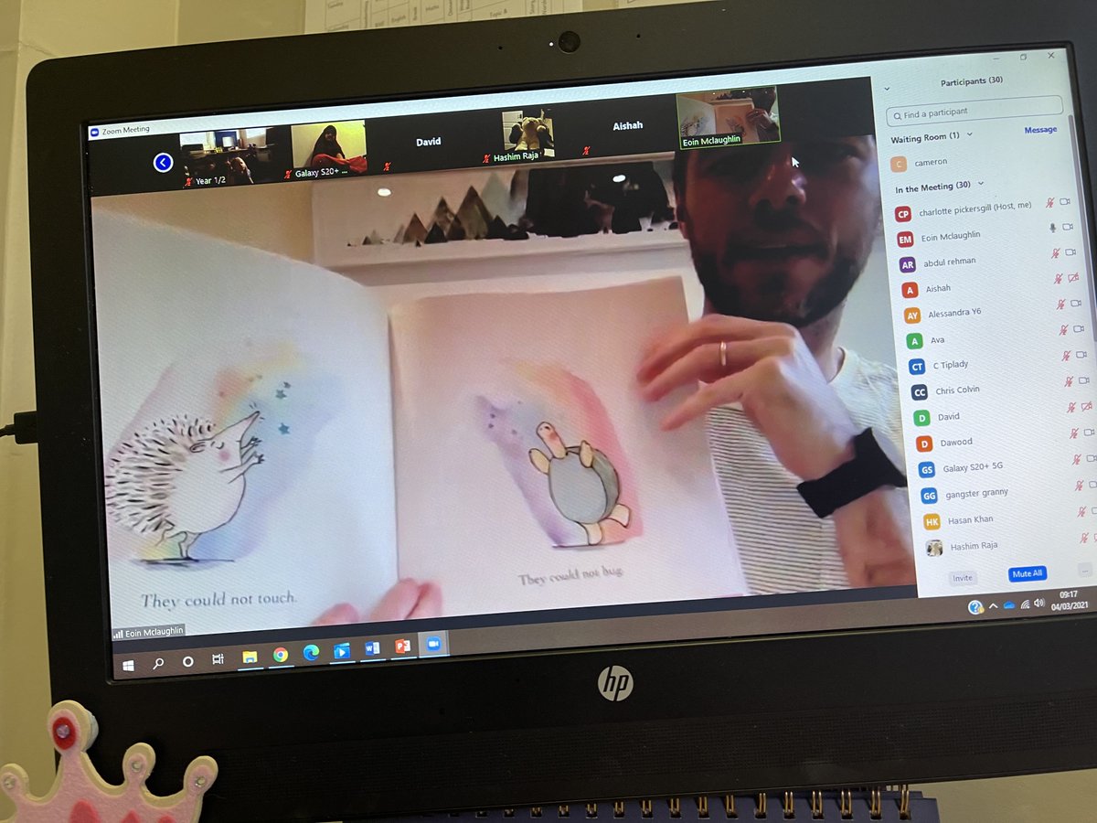 st_peters_read's tweet photo. What a great way to kick off our World Book Day by a Zoom with @eoinmclaughlin who has read his two books to us #whilewecanthug and #hug. We loved them both and feel so lucky to have had the opportunity to meet you.@StPetersAshton @OneEducationHR #tamesidelovesreading @Booktrust https://t.co/kLP4cvCGY7