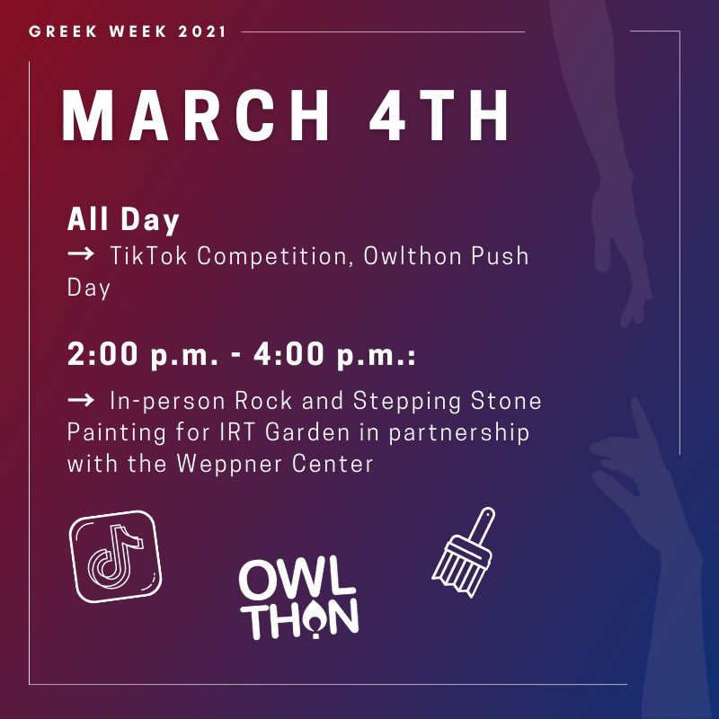 🎉 Today’s agenda includes:⁣
1. TikTok competition. Show us what it means for you to be Unified Together with the Greek Community w/ the hashtag #GreekWeek2021
2. OwlThon Push Day + chapters competing for prizes from FSLife
3. Rock &amp; Stone 🎨 in partnership w/ the Weppner Center