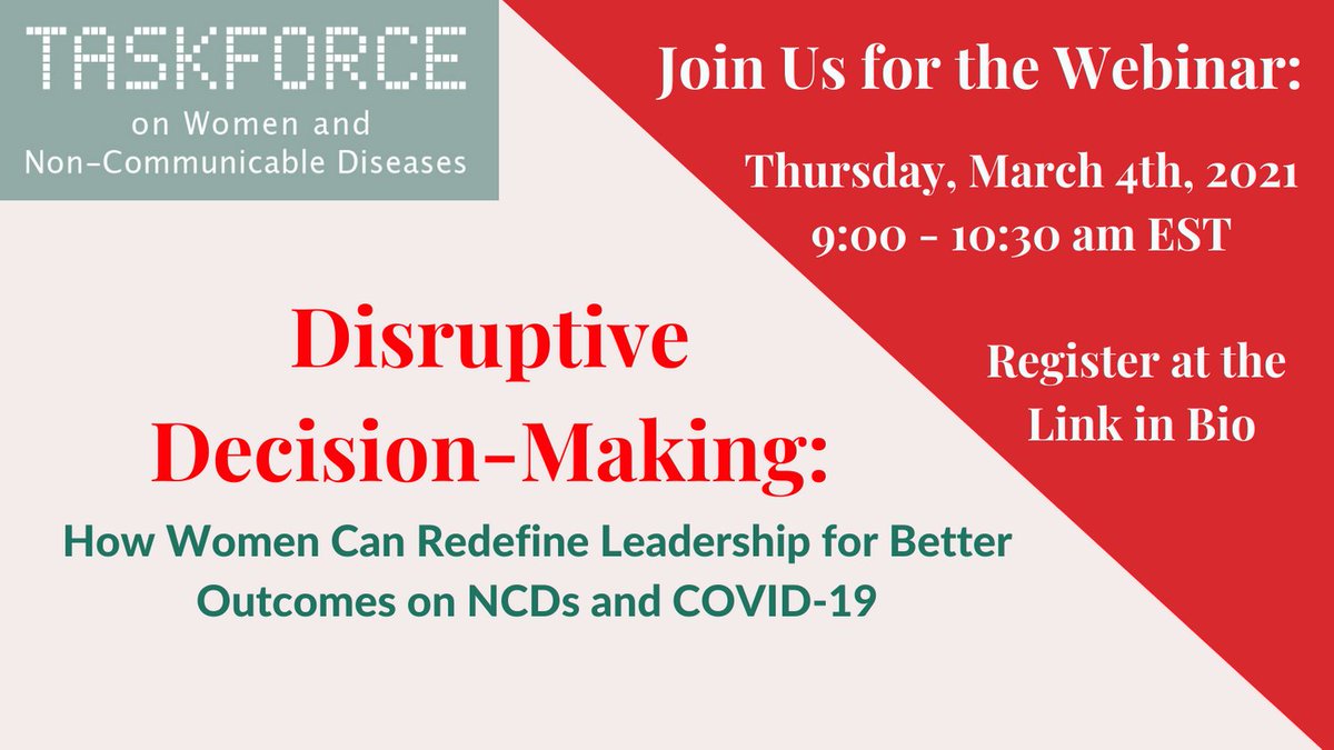 worldheartfed's tweet photo. Join @WomenAndNCDs today to learn how women can redefine leadership for better outcomes on #NCDs and #COVID19.

Register now ➡️ https://t.co/TR3857hfYb 

#WomenAndNCDs #DisruptiveDecisionMaking https://t.co/vy0YcZxjHG