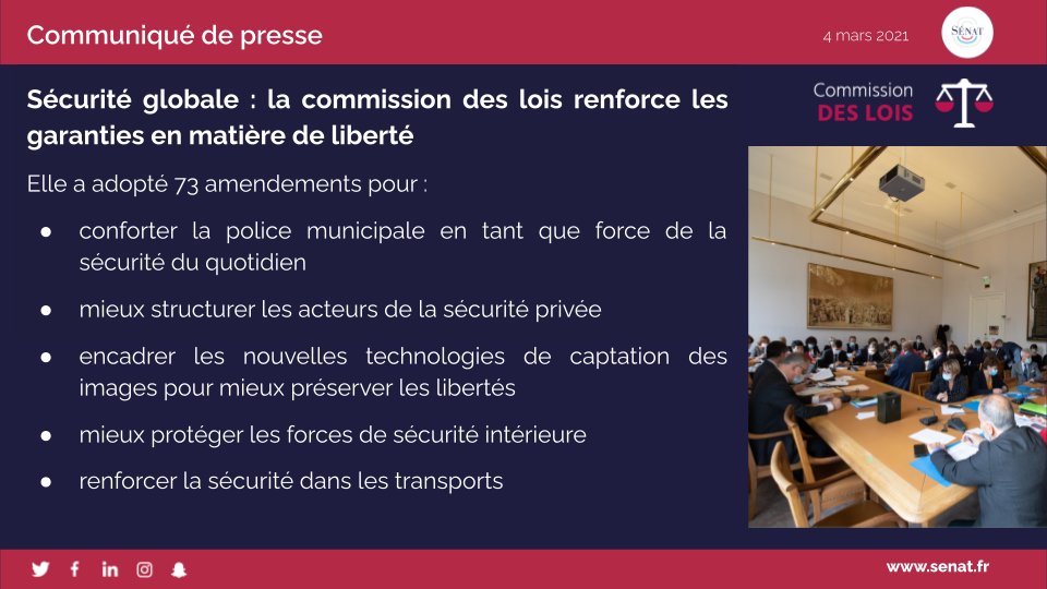 's tweet image. 📢 #PPLSecuriteGlobale : la #ComLoisSénat renforce les garanties en matière de liberté

📅 Le texte sera examiné en séance publique le 16 mars prochain

➡️ le communiqué de presse : sén.at/rjAY9a
📺 la vidéo de la conférence de presse : sén.at/m2D4xT
