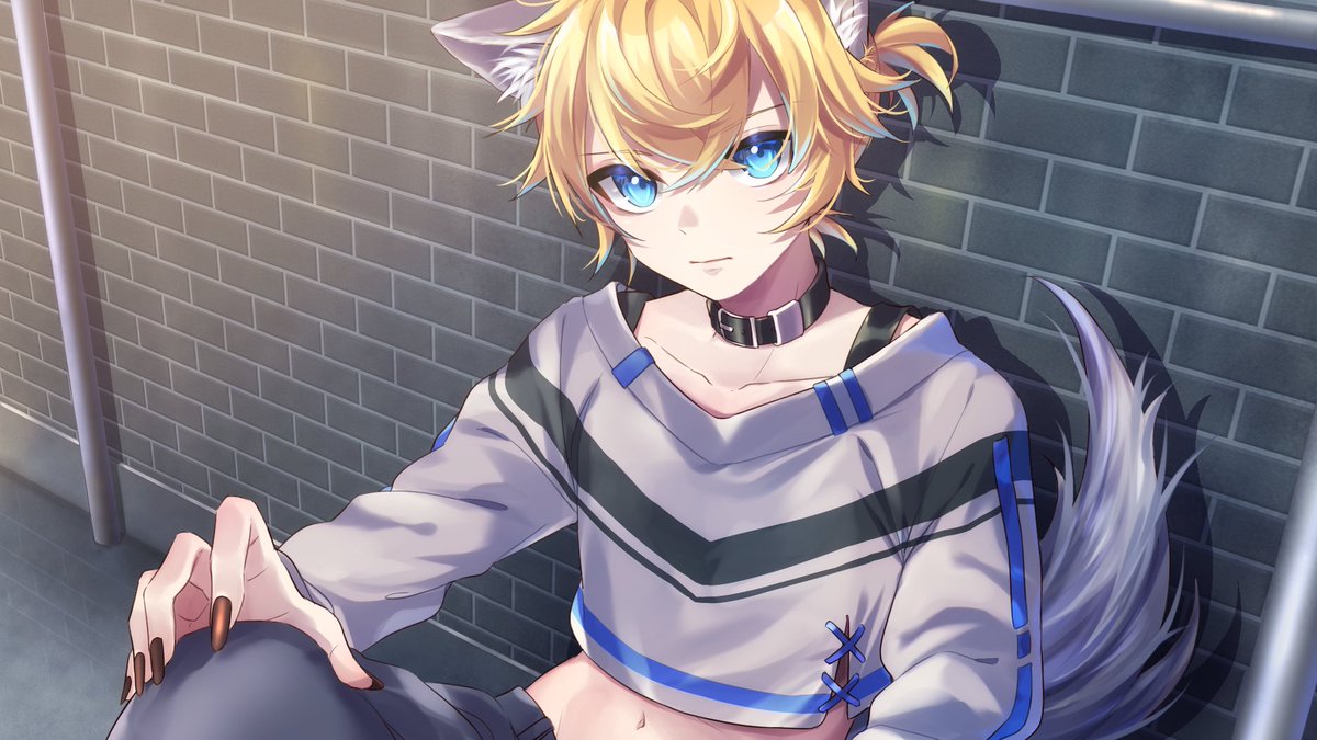 animal ears 1boy male focus blonde hair blue eyes tail collar  illustration images