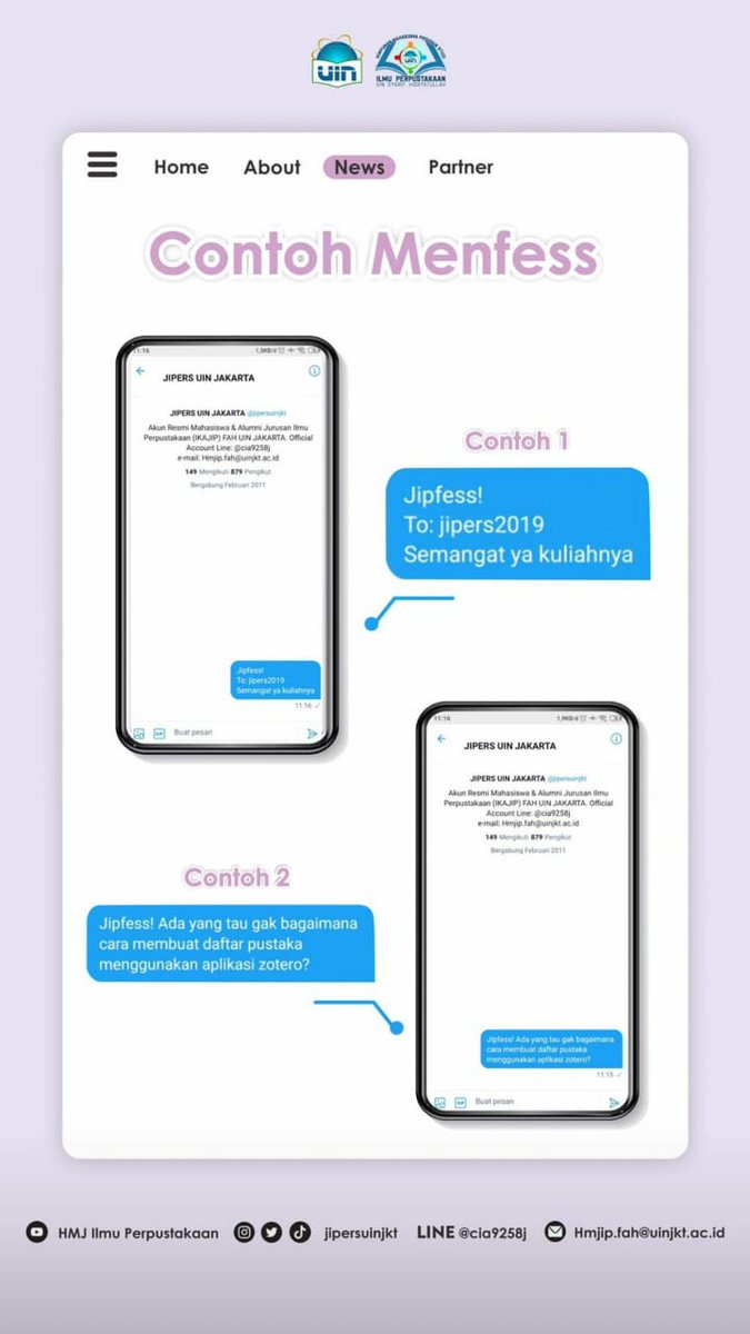 jipersuinjkt's tweet image. [JIPFESS HMPS IP 2021]

Halo Keluarga Jipers!👋🏻

Sekarang di Twitter HMPS Ilmu Perpustakaan UIN JKT bakal ada JIP MENFESS loh! 
Yuk ikut ramaikan dengan kirimkan pesanmu melalui direct message Twitter jipersuinjkt
___________________
HMPS Ilmu Perpustakaan 2020/2021
#jipersuinjkt