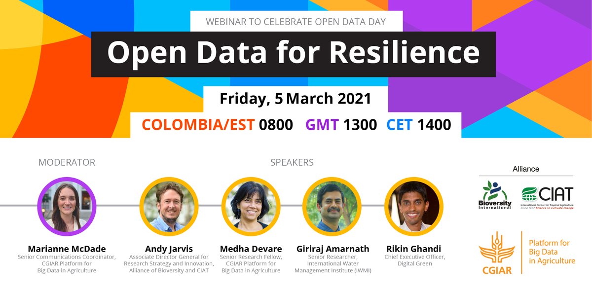 Join us tomorrow to celebrate #OpenDataDay!
 
We will be hosting a webinar to discuss how #OpenData can build resilience in #agriculture and #FoodSystems.

🗓 Friday 5 March 2021
🕗 EST 08:00 ǀ GMT 13:00 ǀ CET 14:00
🔗Register: ow.ly/2bpI50DOqNo
🔸 <a href="/BiovIntCIAT_eng/">Alliance of Bioversity International and CIAT</a>