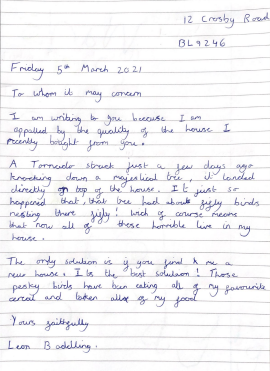 StStephens_Bury's tweet photo. Look at this AMAZING letter of complaint written by a Year 3-4 home learner in the role of Lizzie's father from our book Lizzie and the Birds. #writing #homelearning @PrimEd_UK  @justdawned https://t.co/SMmHcQz8un