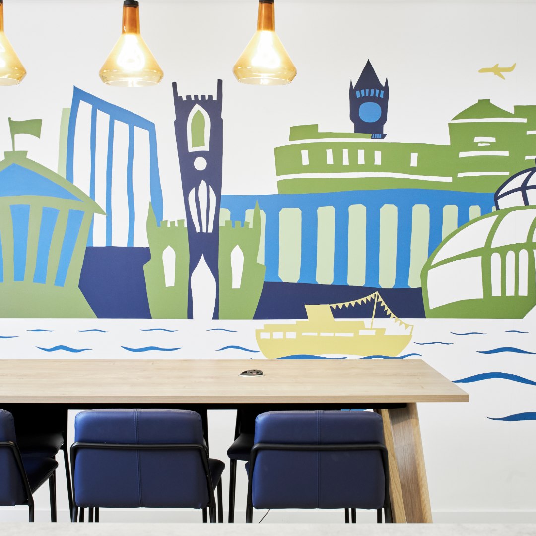 WeAreDenton's tweet image. It&apos;s all in the details... 

For our client Appreciate our brief was to ‘provide joy’. Colour combinations and textures and materials, with a bespoke mural of the Liverpool skyline in the breakout area installed by Michael Wylie (Sketch Book Design)

#DesignEthos #interiordesign