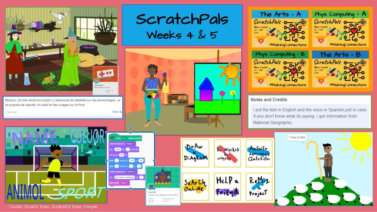 Collaborative Weeks 4 &amp; 5 in <a href="/scratchpals/">ScratchPals</a> #MakingConnections! Our <a href="/scratch/">Scratch Team</a> studios fill with projects, and students use good #DigCit as they add notes, credits, comments. Peer feedback and #GettingUnstuck strategies are so helpful to the iterative process! #CSforAll #GlobalEd