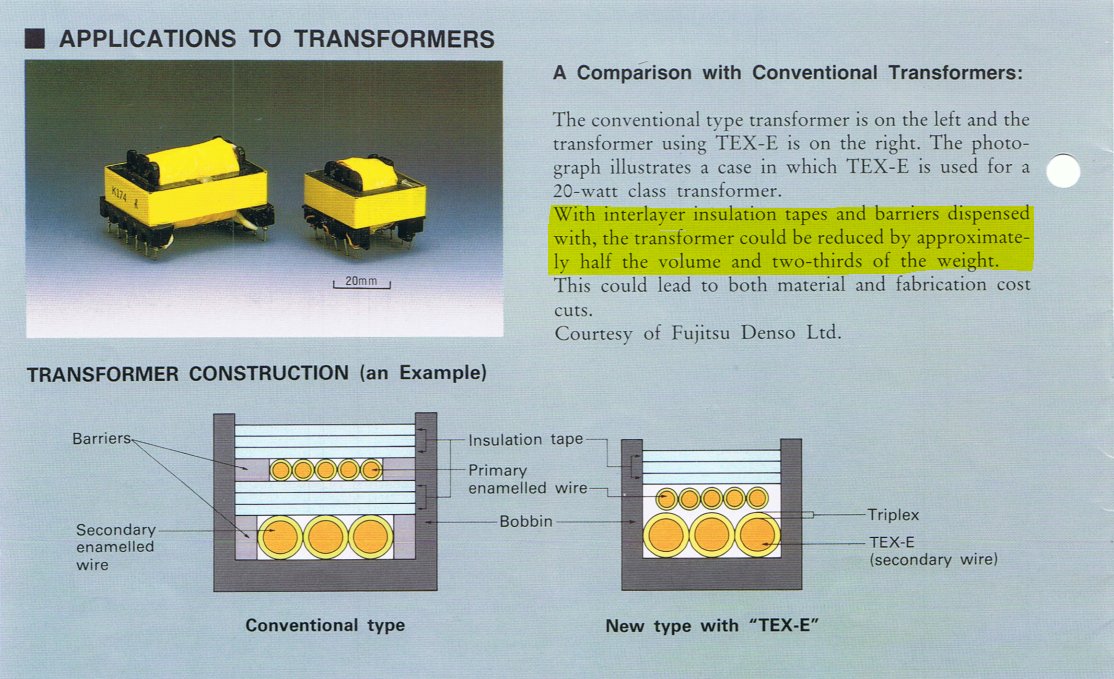 opelexnet's tweet photo. The magic of triple-insulated winding wire:
"With interlayer insulation tapes and barriers dispensed with, the transformer could be reduced by approximately half the volume and two-thirds of the weight."
#MagneticsDesign https://t.co/9NUF7DLXxZ