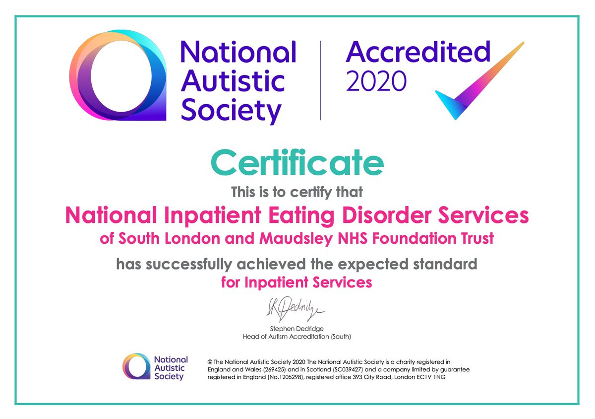 This #EDAW I want to acknowledge the hard work of my old team, the <a href="/PEACE_Pathway/">PEACE Pathway</a> at the Bethlem Royal Hospital who are now the first (and only!) eating disorder service to be accreditated by the NAS <a href="/Autism/">National Autistic Society</a> #EDAW2021 <a href="/KateTchanturia/">Kate</a>