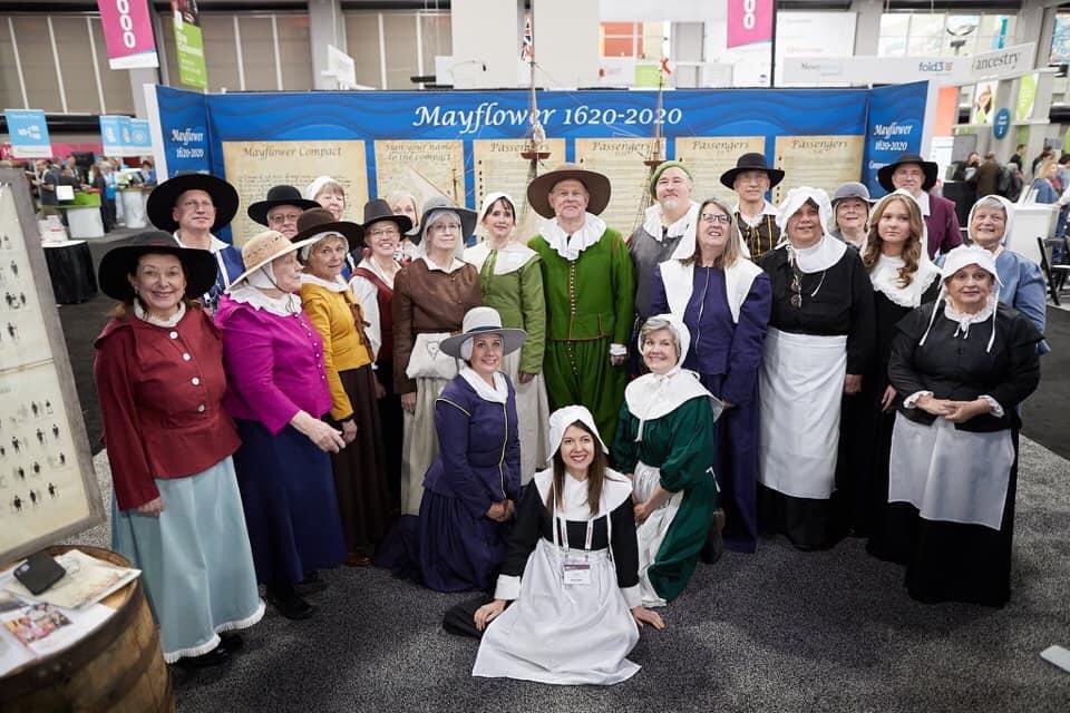 DLGenealogist's tweet image. Can you spot me #PilgrimDave in this photo from @RootsTechConf 2020 - It was an honor to help commemorate the 400th anniversary as a staff member of @AncestorExperts with members of the @GSMD at #RootsTech 2020