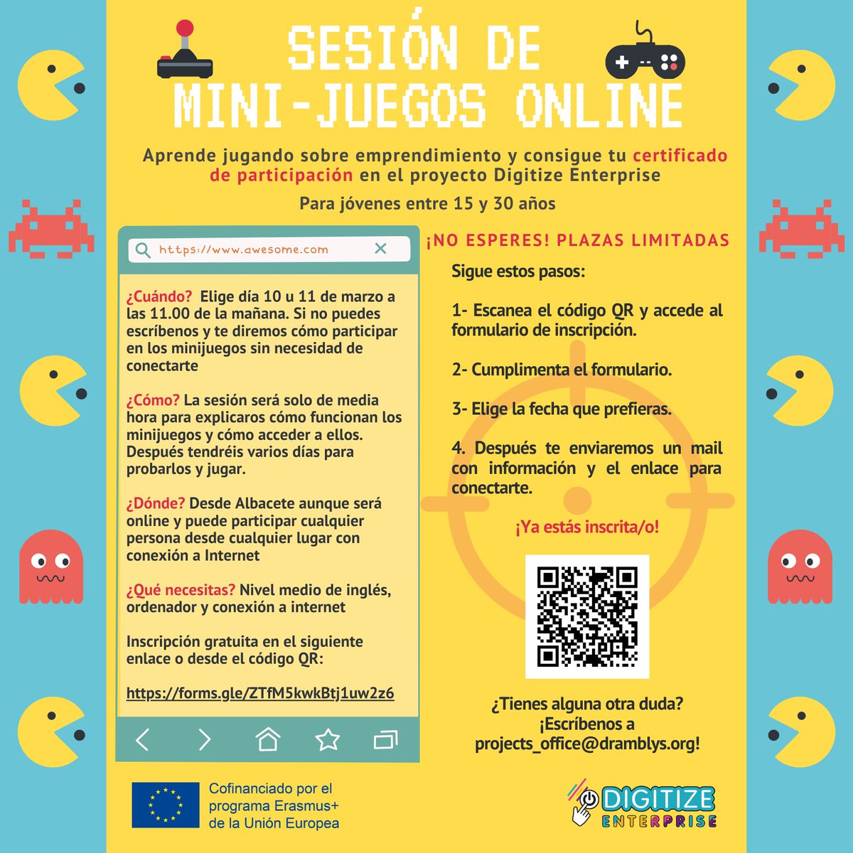 dramblys_org's tweet photo. 📢¡Nuevas fechas para la sesión de minijuegos!

🎮¿Tienes entre 15 y 30 años y quieres aprender sobre #emprendimiento o liderazgo mediante juegos?

¡Participa en la próxima sesión! Inscripciones👇
https://t.co/pmWRnh8WIz

Más ℹ️ en la imagen #Digitizenterprise #Erasmusplus https://t.co/n68WY6WXGg