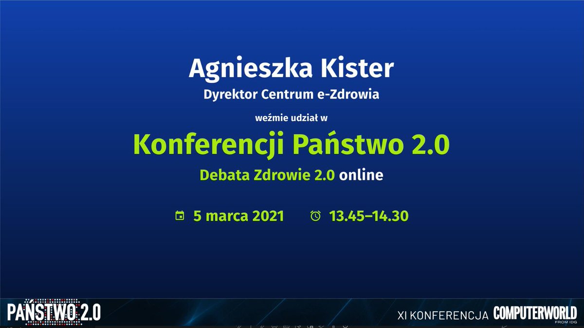 CentrumeZdrowia's tweet photo. Agnieszka Kister, dyrektor Centrum e-Zdrowia otworzy 2. dzień Konferencji Państwo 2.0, wystąpieniem ”Wszyscy wygramy na cyfryzacji”. Będzie także prelegentem w debacie „Zdrowie 2.0”.
Zapraszamy ➡ https://t.co/ittRySSfiY
@MZ_GOV_PL @NFZ_Centrala #ComputerworldPolska #ezdrowie https://t.co/g8VVximsOQ