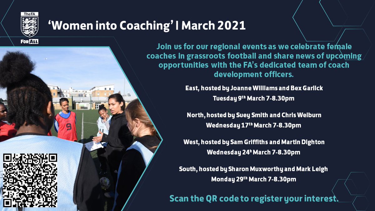 GlosFA's tweet photo. Join the @FA Coach Development Officers @Martin_Dighton and @Samanthagriff17 for the 'Women Into Coaching' Evening ⚽

📆 24 March 2021
🕔 7- 8.30 PM

Use the QR Code in the post to sign-up! https://t.co/AeTnwBr91p