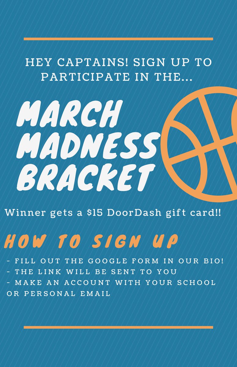 lchs_sca's tweet photo. Hey captains! Use this link to sign up for the March madness bracket competition🏀🏆 https://t.co/NVJPNzEEvW https://t.co/UDEmzAlxSE