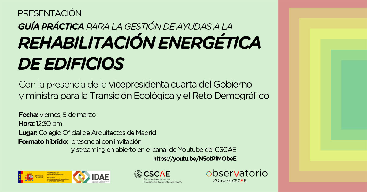 CSCAE's tweet photo. Mañana, en @COAMadrid, presentamos la Guía práctica para la gestión de ayudas a la rehabilitación energética de edificios #PREE de @IDAEenergia y CSCAE con Teresa Ribera @mitecogob, @presidenteCSCAE Joan Groizard e Iñaqui Carnicero @mitmagob

➡️ https://t.co/sCykuWSGS6 https://t.co/qiLUsoIF8e