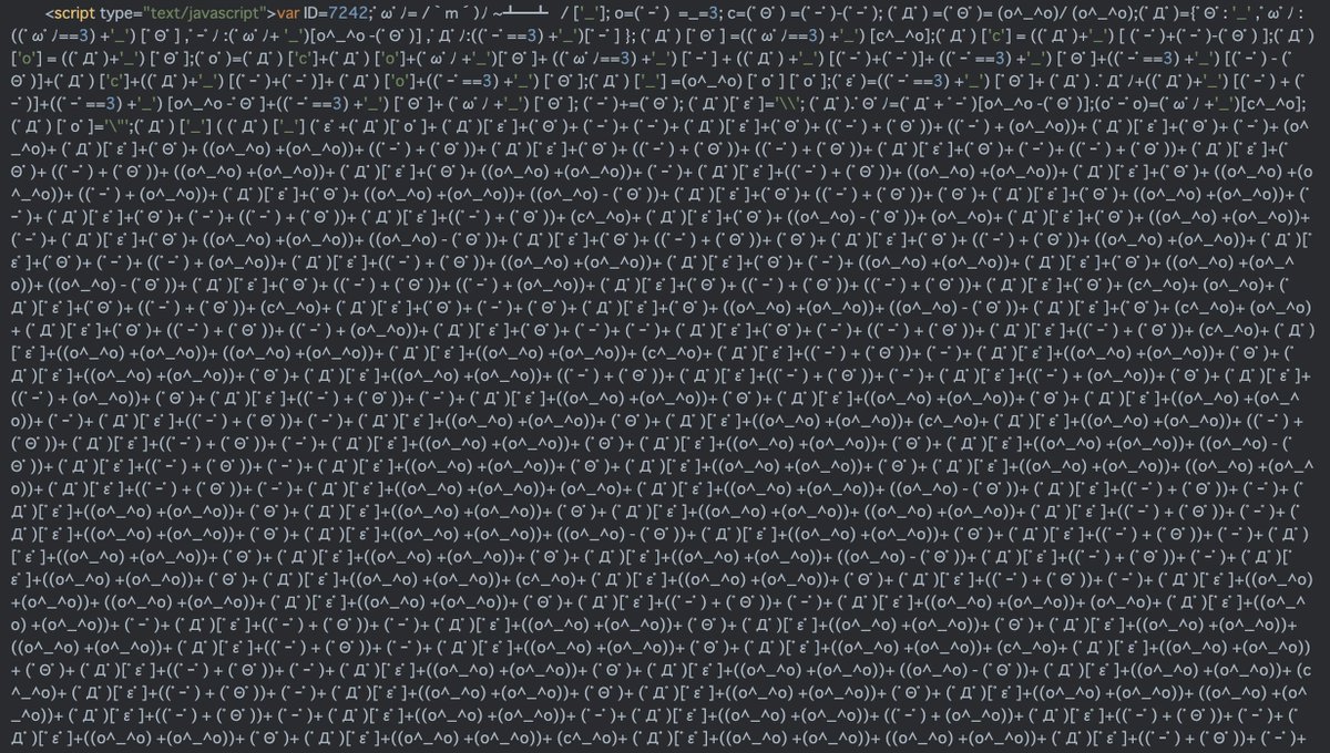 ninoseki's tweet photo. The latest #MoqHao's ASCII emoticon based obfuscation  makes me lol. ¯\_(ツ)_/¯ 
https://t.co/tDALZ406O5
(https://t.co/nOHuAn8X6y) https://t.co/TXOKCR9g3U