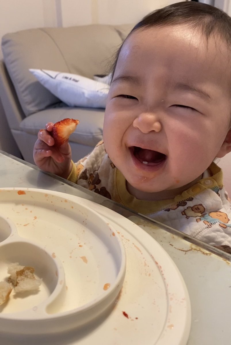 tony__bee's tweet photo. いちご食べてニコッ🍓🙈笑
　#生後11ヶ月　#赤ちゃんのいる生活 https://t.co/ZArK2iebDr