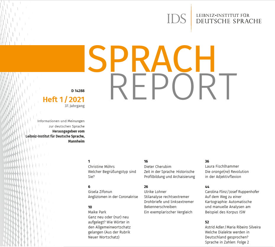 IDS_Mannheim's tweet photo. Der #SPRACHREPORT 1/21 ist da: https://t.co/Dvu2wAmv3D. U.a. mit Beiträgen zur Bed. von Orten in biograf. Interviews des "Israelkorpus", zur #Stilanalyse rechtsextr.
Drohbriefe & linksextr. Bekennerschreiben, zu Sprache in Zahlen & #Dialekte|n & zu (neu aufgelegten) #Neologismen. https://t.co/uqc1jeRQ7o