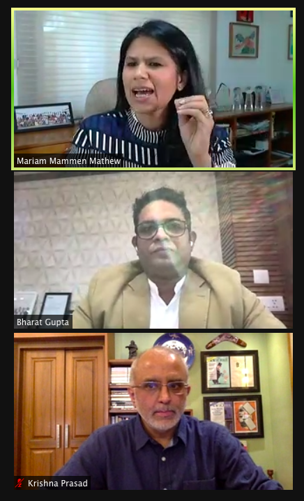 magdoom's tweet photo. Mariam Mathew, CEO @manoramaonline Bharat Gupta, CEO @JagranNewMedia discuss with Krishnaprasad, Former Editor-in-chief, Outlook @churumuri at Digital Media India 2021 #DMI2021. Taking care of Content, users and monetisation are the solutions for digital journey ahead. https://t.co/1VXbAQlhc6