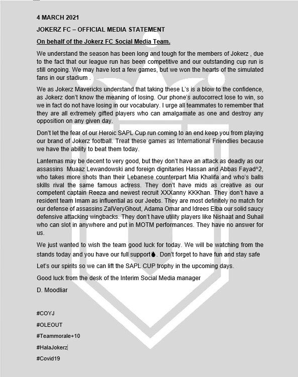 Tonight its David vs Goliath in the SAPL CUP!

Jokerz vs Lanternas -  2nd Leg (1-1).

<a href="/JokerzSapl/">SAPL JOKERZ</a> <a href="/SAProClub/">SA Pro Club League</a>