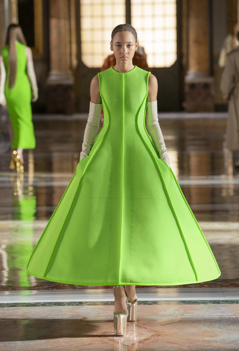 @postsynthpink neon colors are often reserved for statement pieces, theyre going to stand out so you have to keep it simple. it can be done though, but its a difficult color to work with that changes a lot depending on who wears them/in what lighting. as seen in this valentino ss21 look