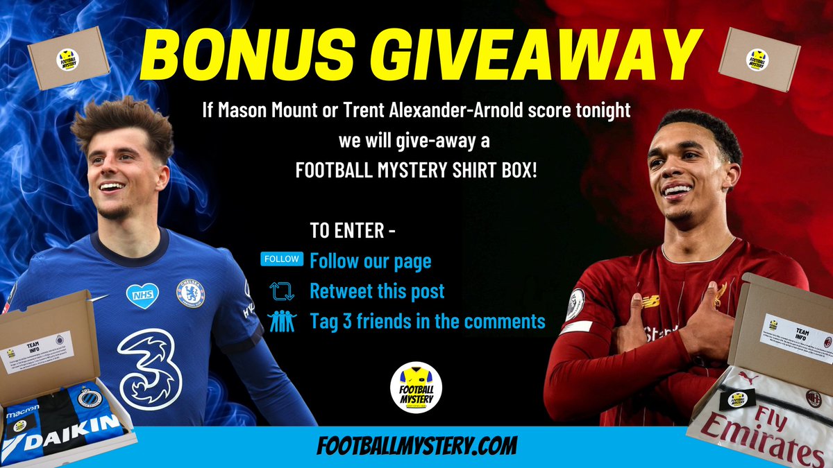 FootballMyst's tweet photo. 🚨BONUS GIVEAWAY🚨

If Mount or Trent score tonight we will be giving away a FOOTBALL MYSTERY SHIRT BOX!

To Enter -
🚸Follow our Page
🔄Retweet this Post
👥Tag 3 Freinds in the comments.

Good Luck ⚽❓👕 https://t.co/txMQPCH1NZ