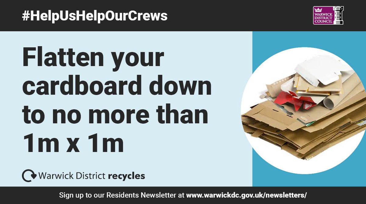 Warwick_DC's tweet photo. With more of us at home and receiving online deliveries, you may be generating extra recycling.
Please flatten, cut & squash large pieces of cardboard into sections no larger than 1m x 1m so we can fit them on the truck. #WDTogether #HelpUsHelpOurCrews https://t.co/yW42V1qR6s