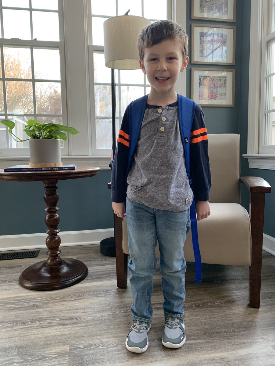 wpickell's tweet image. And Caleb is off to his first day of in person kindergarten! I believe his face says it all.