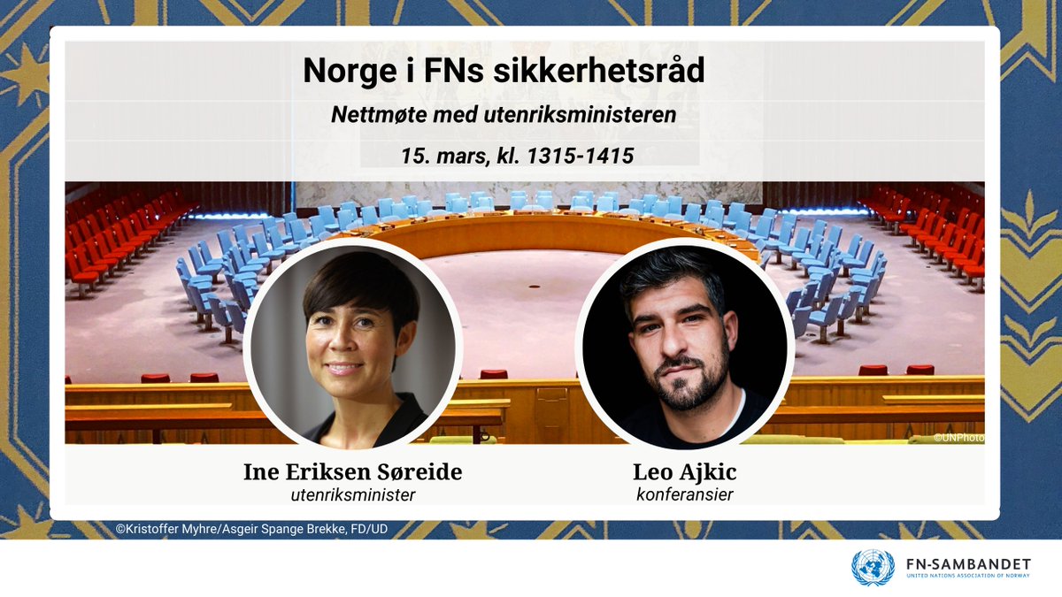 🗓️ Sett av datoen 15. mars og møt utenriksministeren!  
Ine #EriksenSøreide gjester <a href="/fnsambandet/">FN-sambandet</a> digitalt for å fortelle om Norges arbeid i #NorwayUNSC. Vi har også med oss <a href="/LeoAjkic/">Leo Ajkic</a> og engasjerte skoleelever fra hele landet⬇️
facebook.com/events/4243653…