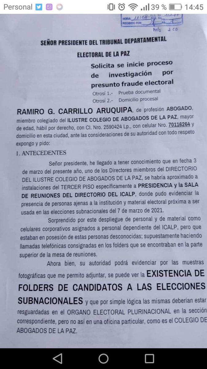 lainsurgente1's tweet photo. El Dr Ramiro G Carrillo A hizo la denuncia al Tribunal Electoral de La Paz ,de porque en el COLEGIO DE ABOGADOS HABIA MATERIAL ELECTORAL Y LISTAS DE CANDIDATOS Del #MAS EN RESPECTIVOS FOLDERS ,el #ICALP ESTA PRESTANDO SUS INSTSLACIONES PARA CORRDINACION DEL PROXIMO FRAUDE
#RT https://t.co/nTJeQD3K0F