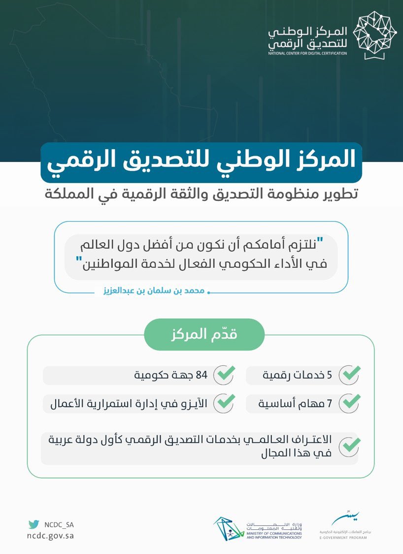 يوفر المركز الوطني للتصديق الرقمي بيئة رقمية آمنة تضمن إجراء التعاملات الإلكترونية بموثوقية عالية و إضفاء الصبغة القانونية باستخدام خدمات #الثقة_الرقمية