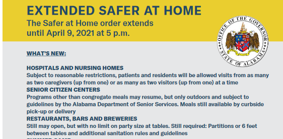 AlabamaBev's tweet photo. With Alabama @GovernorKayIvey's new Safer at Home order, the mask mandate stays in place. Capacity requirements are lifted, but requirements for 6 feet distance and partitions at bars and restaurants remain in place. #alpolitics https://t.co/fwDH5AD4Xa