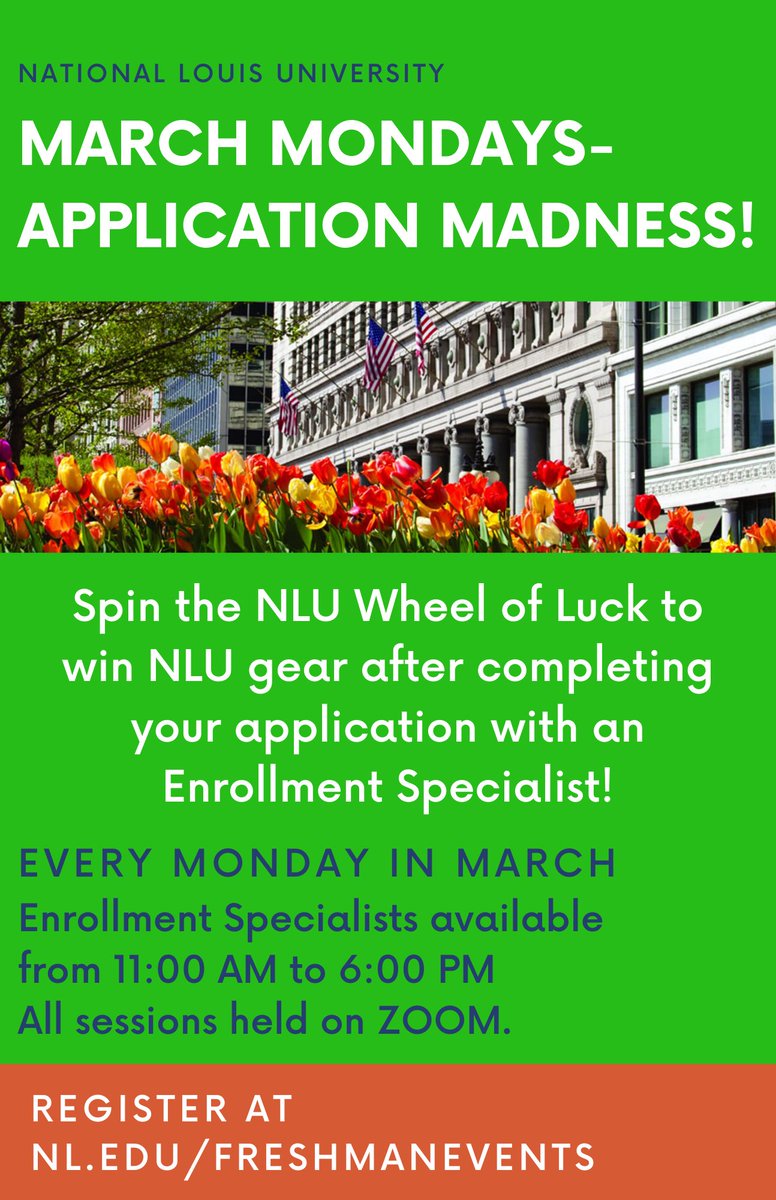 NLU is hosting 4 Application Madness Mondays! Students who apply during an application madness session will all get to spin a prize wheel and WIN NLU gear! Who’s feeling lucky? 🍀