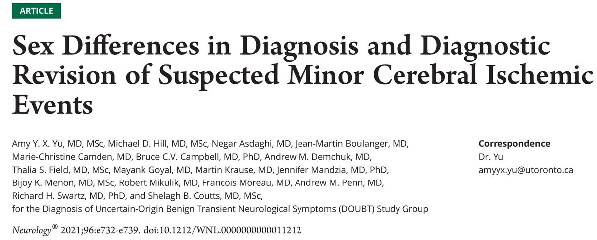 amyyu_md's tweet photo. No #sex differences in MRI DWI + in ppl with acute minor neuro sxs presenting to the ED, but more ♀️ than ♂️ are initially diagnosed as mimic. Do you routinely order MRI 🧠to investigate #stroke vs mimic? Read our paper in @GreenJournal  https://t.co/WAVFqT2521 https://t.co/QSRDBn4fMq
